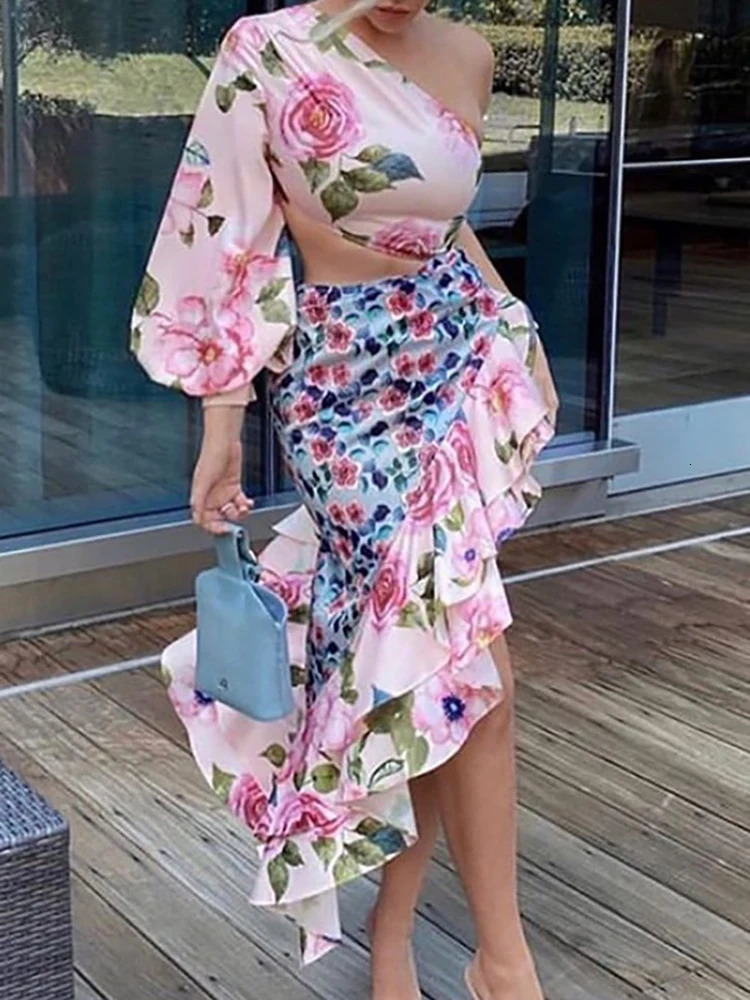 Floral Print Ruffle Skirt And Top Two Piece Set Elegant Women Summer Skirt Matching Suit Office Lady Chic Trumpet Skirt Outfits 250324