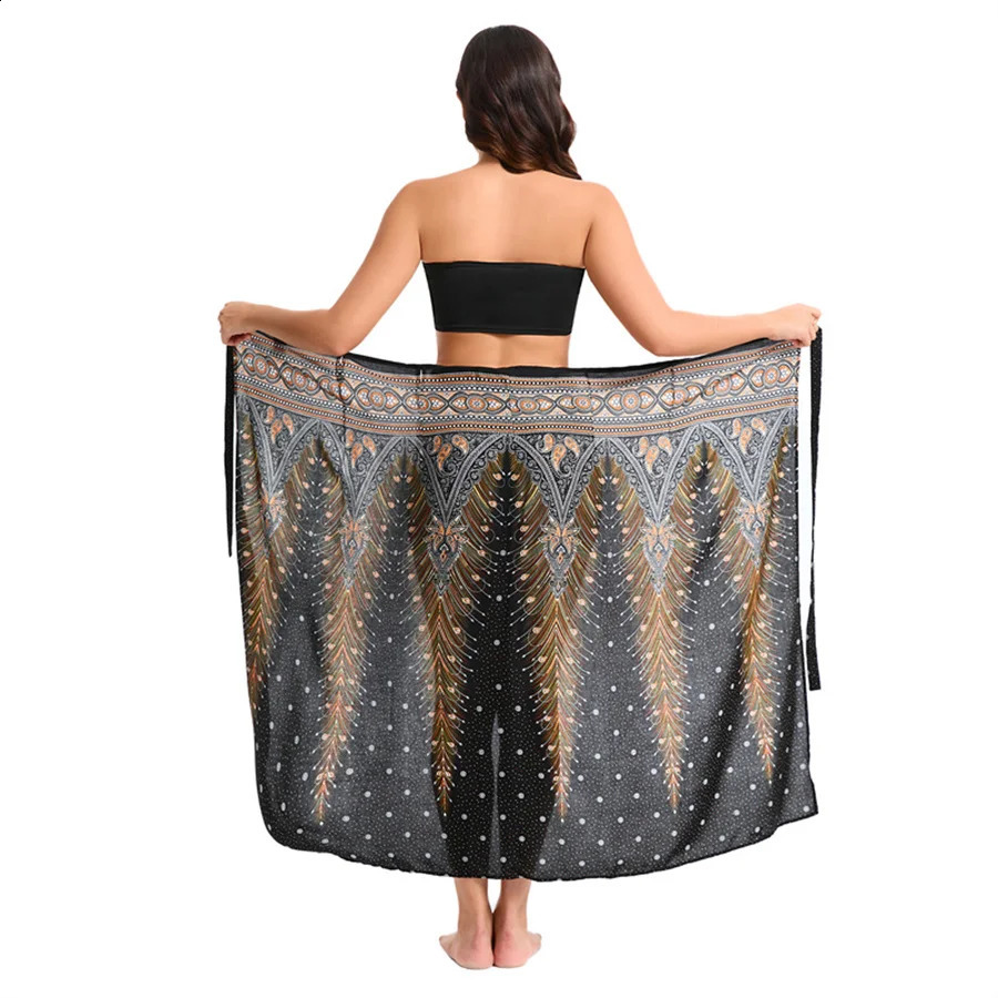 Womens Bohemian Maxi bag long sleeved lace up beach cover dress retro adjustable high waisted holiday synthetic silk 250324