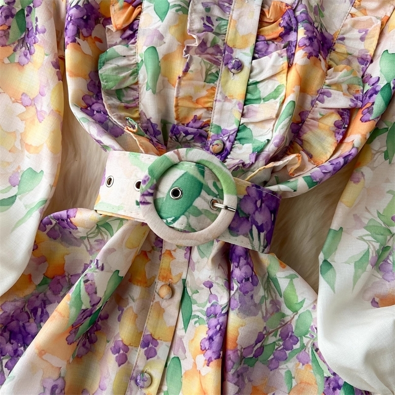 Summer Holiday Linen Dress Clothing Stand Ruffles Long Lantern Sleeve Flower Print Single Breasted Belt Mini Vestidos 250322