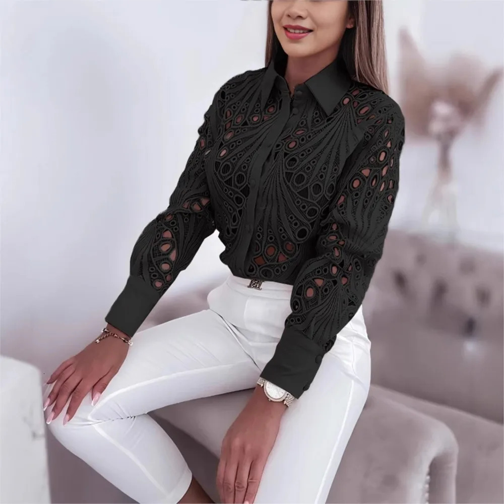 Fashion Lace Hollow Long Sleeve Shirt For Women Spring Autumn Elegant Office Lady Blouse And Tops Casual Button Shirts 250318