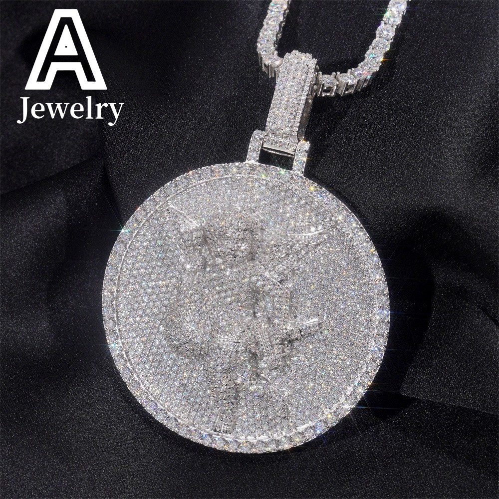 Iced Out Jewelry 3D Design Angel Moissanite Solid Circle Pendant 2.5 inches 925 Hip Hop Rapper Moissanite Pendant