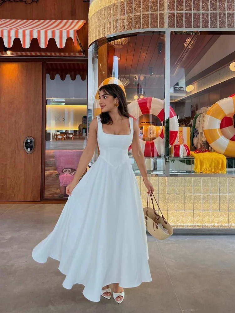 Elegant White High Waist Womens Dress Fashion Square Neck Sleeveless A-line Dresses 2025 Vocation Beach Party Streetwear 250322