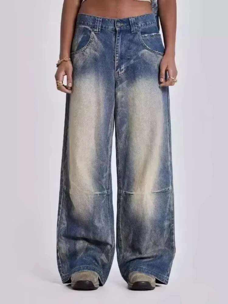 HOUZHOU Y2k Vintage Women Jeans Back Wing Printed Rivet Washed Wide Leg Denim Pants Baggy Distressed Casual Trousers Streetwear