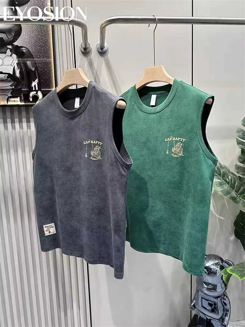 Mens sleeveless tank T-shirt for street fitness sports and leisure summer letter cartoon print top cotton round neck tee 4XL X250324