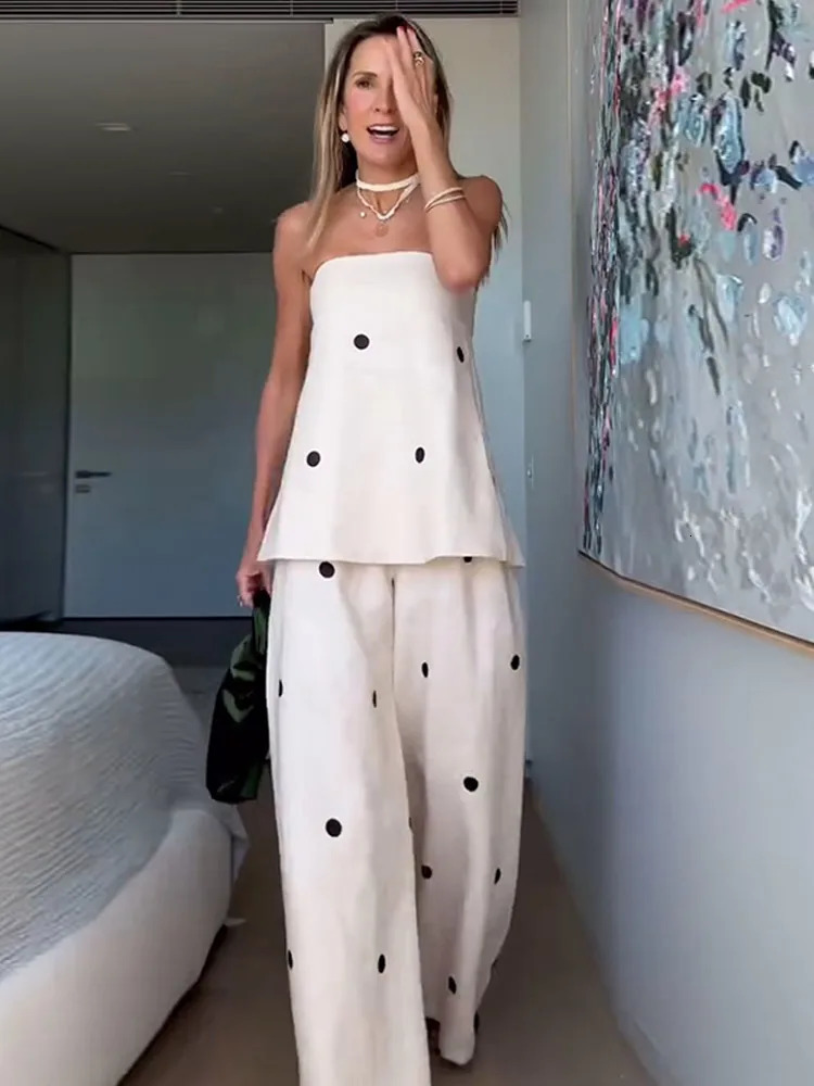 Women Fashion Polka Dot Wide Leg Pant 2 Piece Set Sexy Off Shoulder Sleeveless Vest Tops Suit 2025 Vocation Streetwear 250324