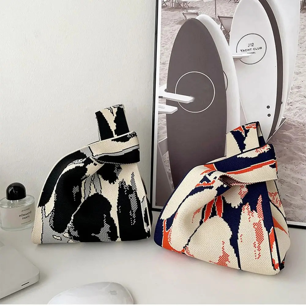 Handmade Knitted Handbag Womens Mini Knot Wrist Bag Casual Colorful Flower Handbag Student Reusable Shopping Bag 250320