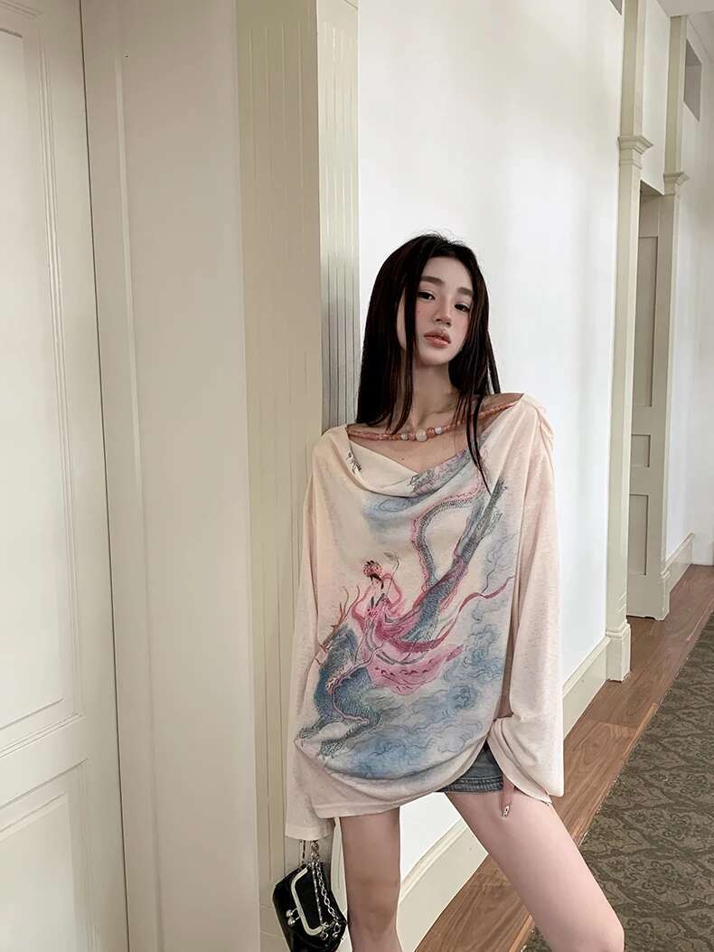 Illustration Designer Graphic T Shirts Cowls Long Sleeve Tees Knit Fashion Top Fall Clothes Women