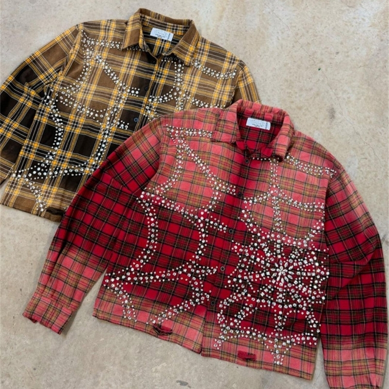 Retro diamond plaid long-sleeved shirt high street style loose texture trendy couple casual sports lapel cardigan jacket 250322