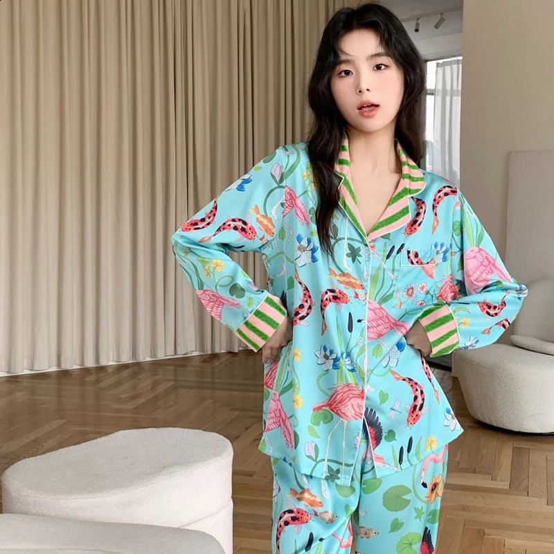 Spring Autumn Ice Silk Soft Womens Pajamas Set Buttons Cardigan Womens 2 Piece Outfit Set Senior Printing Pajamas 250321