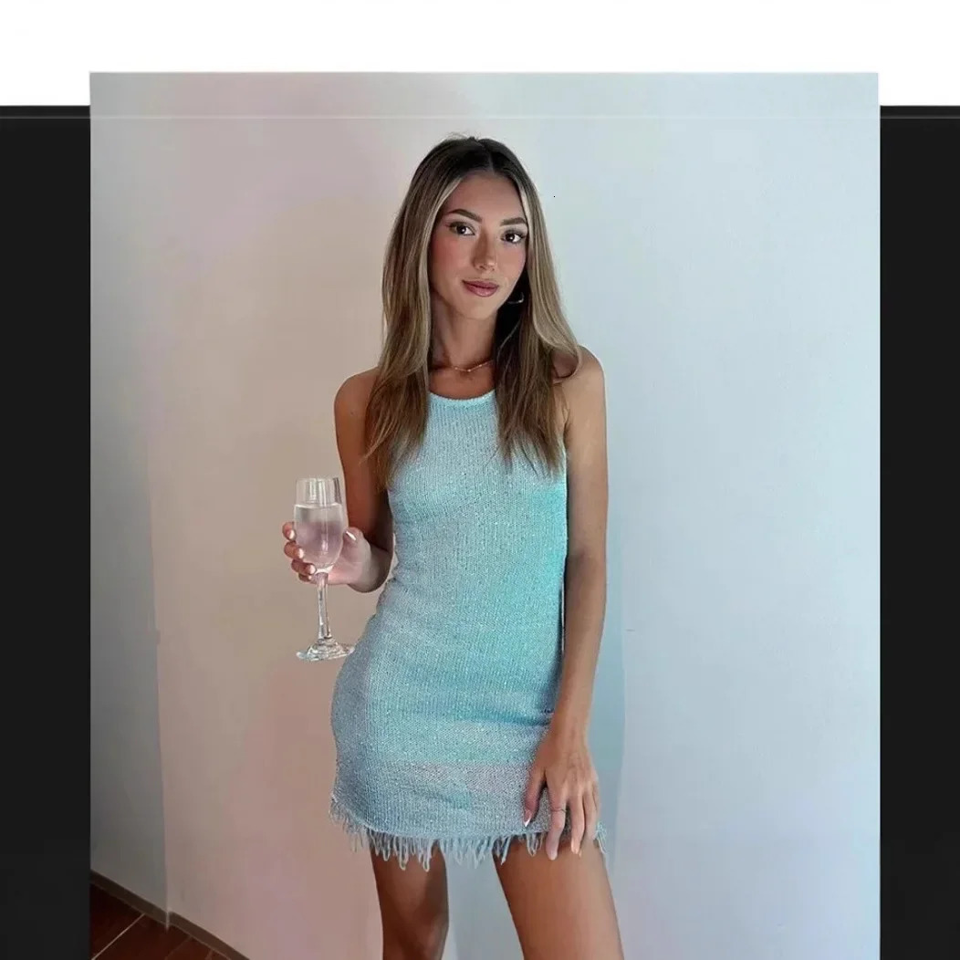 European and American womens vacation style sleeveless mini dress solid color double flash pleated 250320