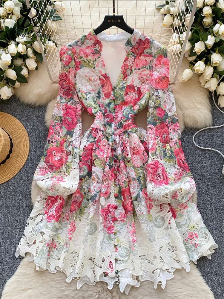 SINGREINY Spring Ral Print Short V Neck Lantern Sleeves Embroidery Design Hollow Out Chic A E Beachwear Female Dress