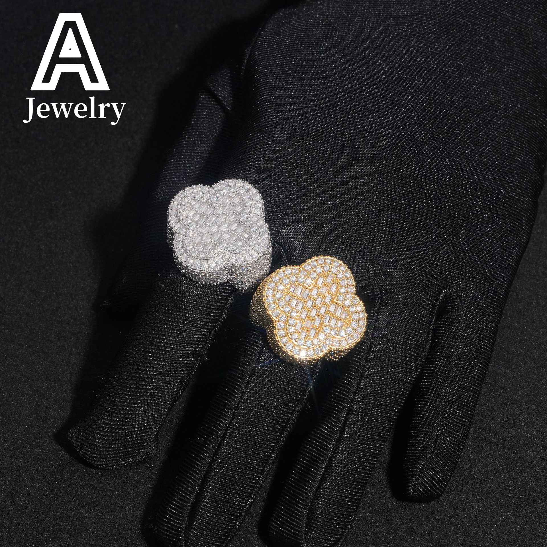 Iced out 18k gold plated baguette cut S925 ring fashion hip hop jewelry four leaf clover ring