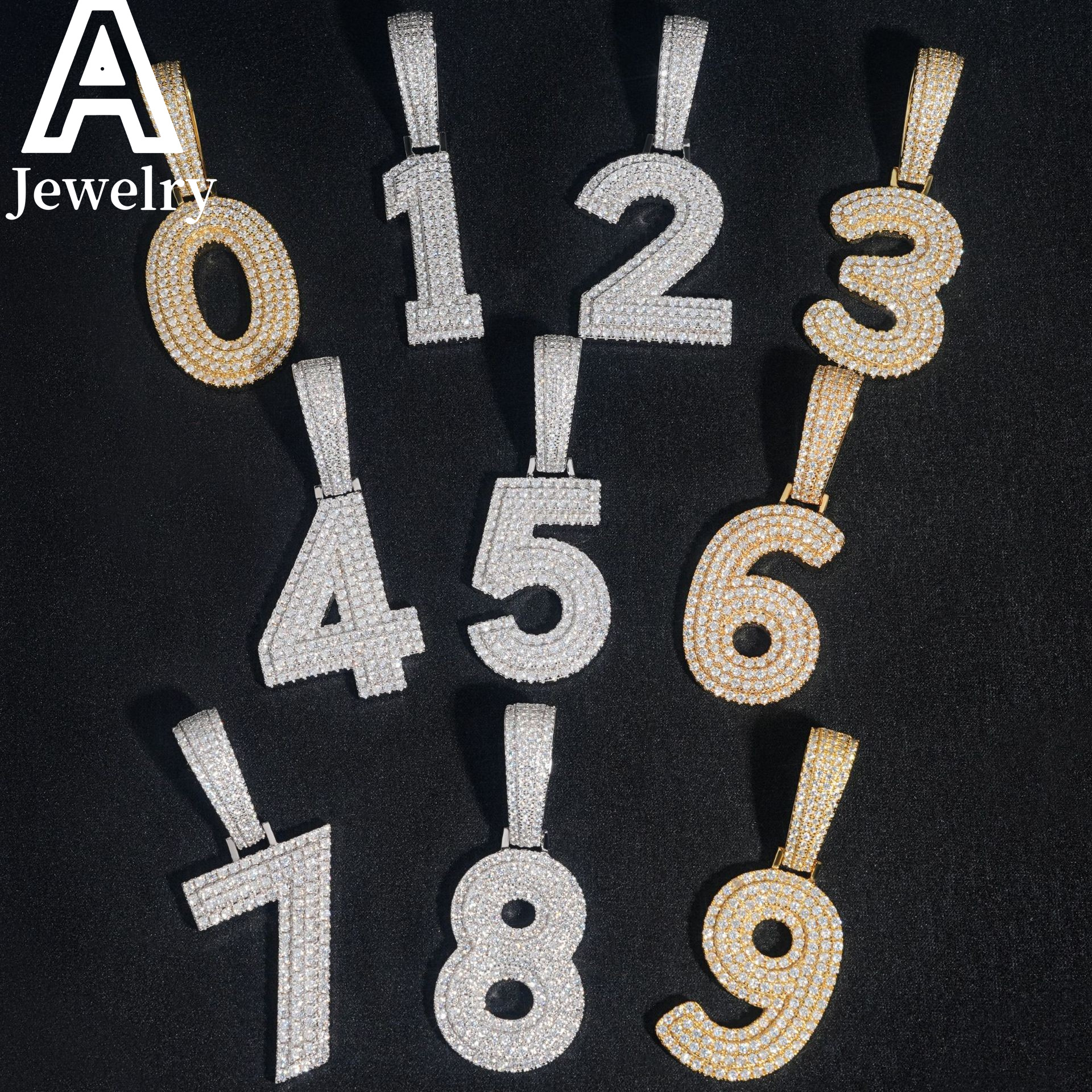 Iced out hip hop fashion jewelry 0-9 number pendants moissanite custom initial pendant 925 silver jewelry