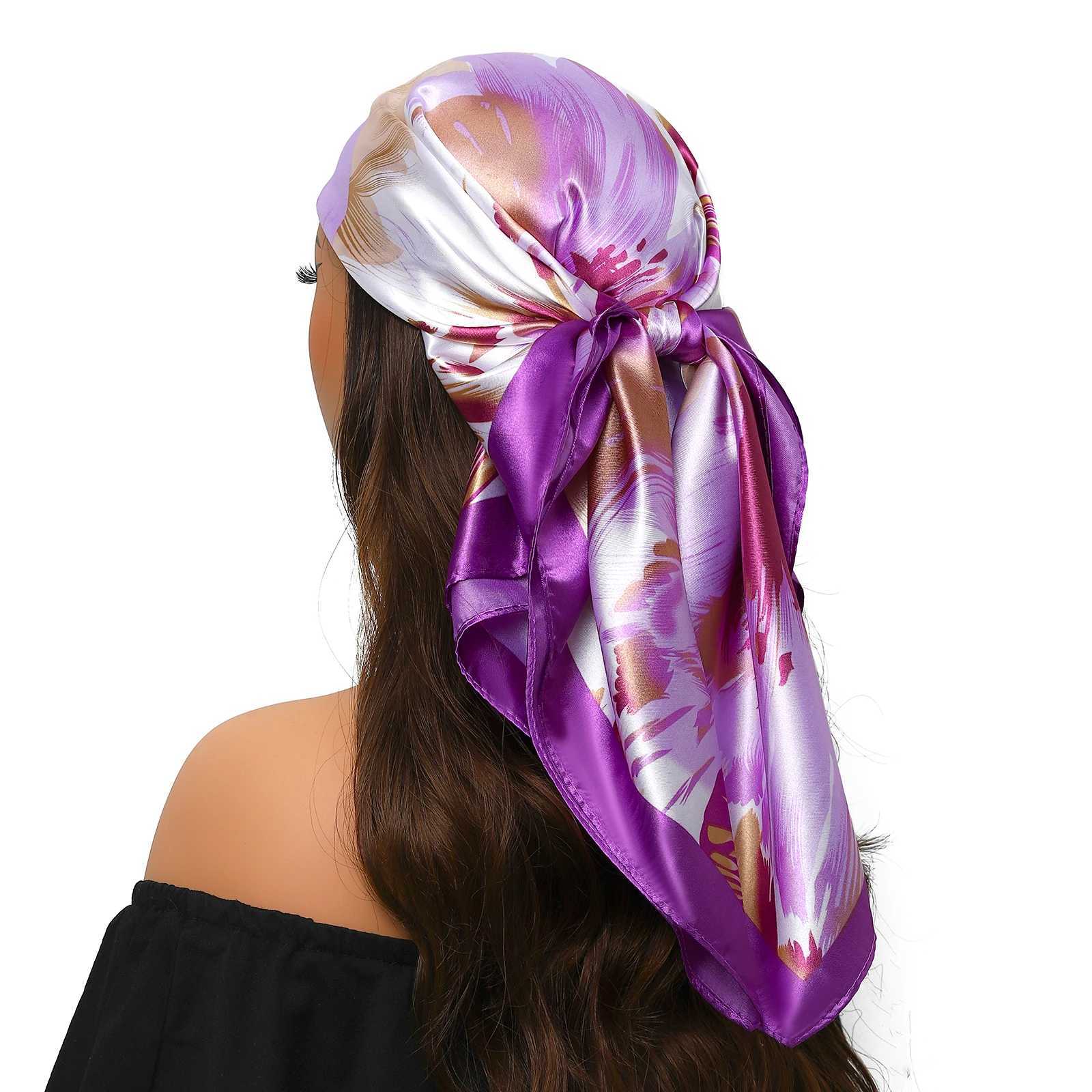 90 * 90cm Square Silk Scarf Wenxiao Printed Satin Headscarf Fem Luxury Brand Square Womens Muffler Cover with Pareo Girl X250324