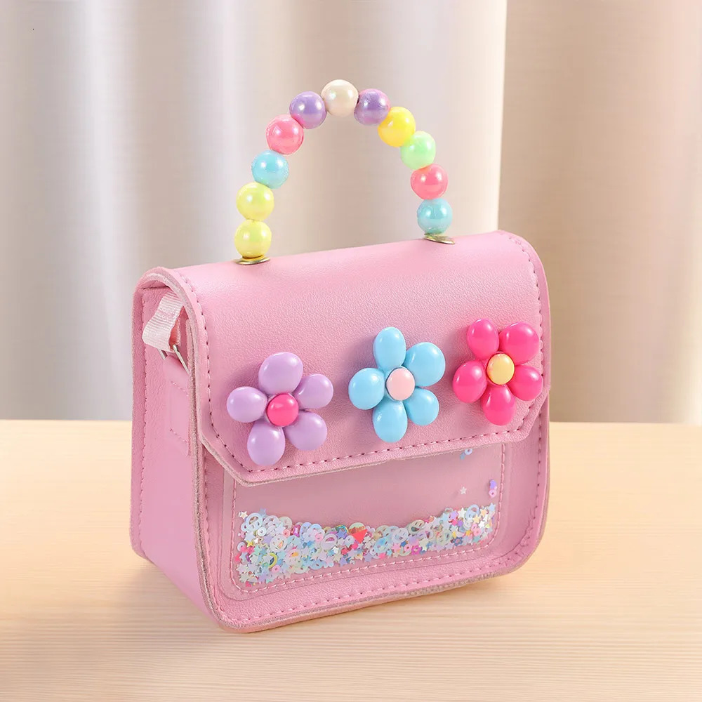 Cute Flowers Childrens Handbags Messenger Bag Sweet Girls Pearl Shiny Kids Shoulder Bag Cartoon PU Leather Crossbody Bags 250322
