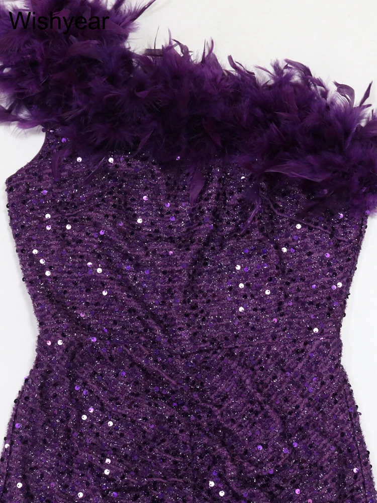 y sequined feather single shoulder sleeveless sloping collar backless purple long dress for womens birthday party event 250320