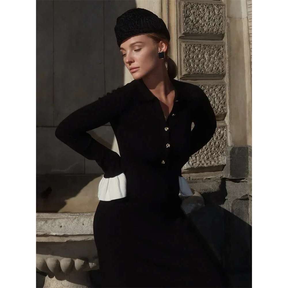 Tossy Female Ruffled Knitwear Long Fashion Patchwork Slim Contrast Lapel Casual Party Gown Women's Knit Maxi Dress