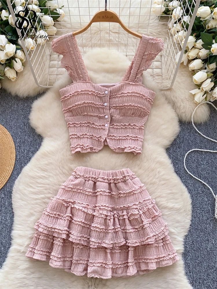 SINGREINY Beachwear sweet Women Suits Strapless Edible Tree Fungus Chic TopsElastic Waist MIni Skirt Vacation Casual Sets 250324