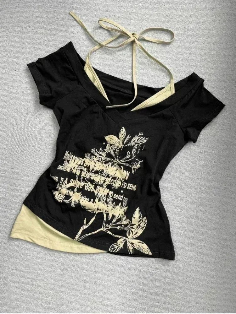 Neploe American Vintage Two Piece Halter Lace Up T-shirts Y2k Slim Fit Print Tops Women Off Shoulder Short Sleeve Tee Shirt 250324