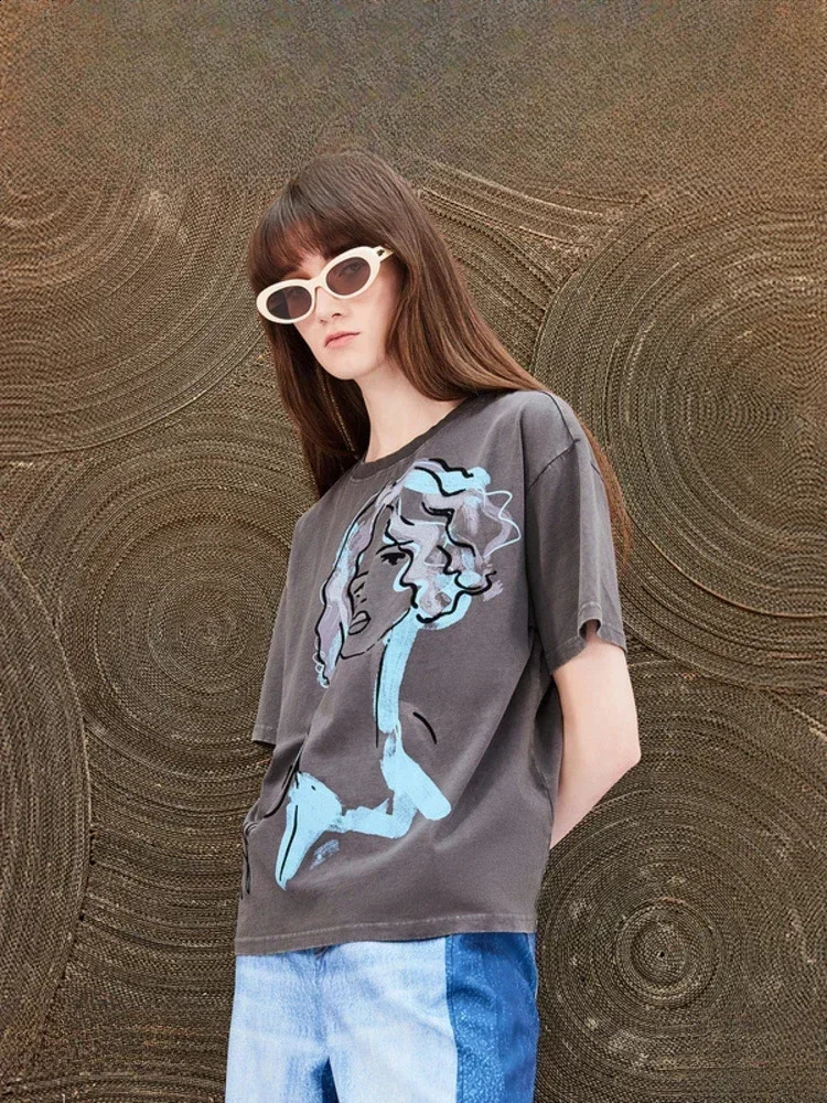 ual loose fashion printed cotton mens and womens Tshirts summer short sleeved staff collar retro top 250324