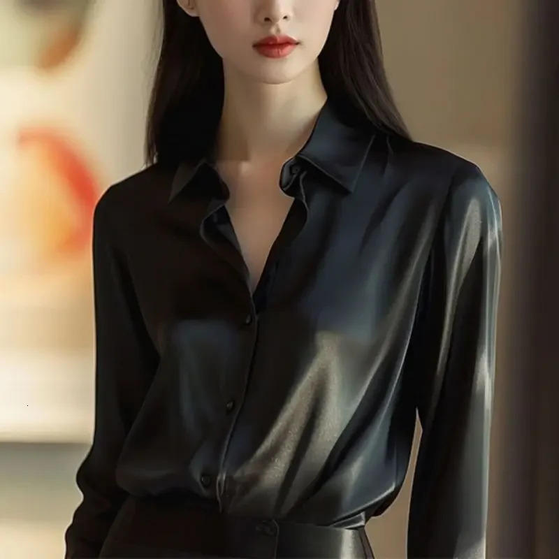 Spring and autumn womens solid polo neck shirt button elegant loose long sleeved dress office womens black top 250322