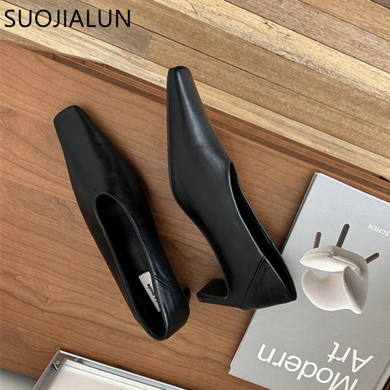 SUOJIALUN Autumn Women Pumps Shoes Fashion Shallow Slip On Ladies Eelgant Single Shoes Square High Heel Outdoor Dress Pumps 250322