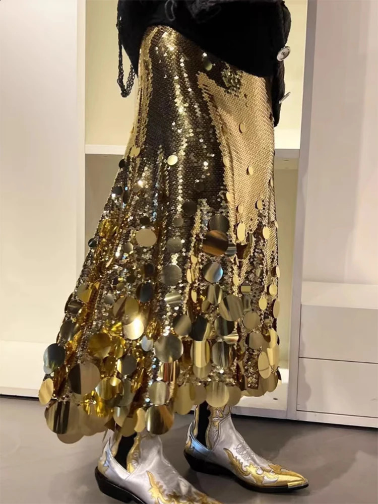 IEQJ 2025 Spring Advanced Sequined Womens Skirt Solid High Waist A-line Ankle-Length Female Party Elegant Clothing 3XP48 250322