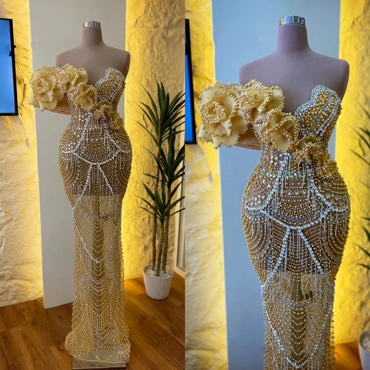 Gorgeous Evening Dresses One Shoulder Sleeveless Gown Sequins Beaded Crystal Sweep Train Party Customized Dress