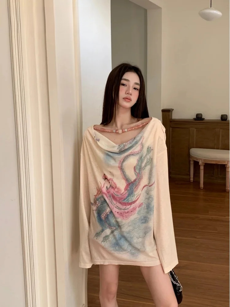 Illustration Designer Graphic T Shirts Cowls Long Sleeve Tees Knit Fashion Top Fall Clothes Women