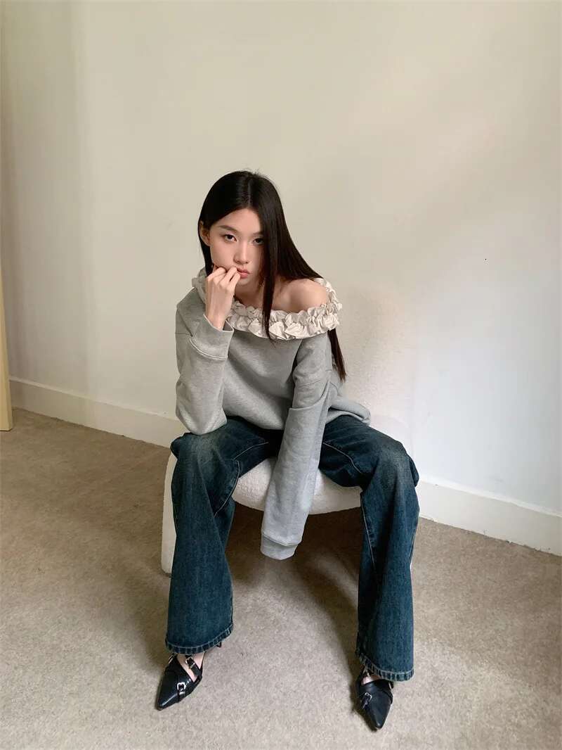 Off The Shoulder Frill Gray Hoodies Pullovers Sweatshirt Women Long Sleeve Top Autumn Spring Fashion Clothing