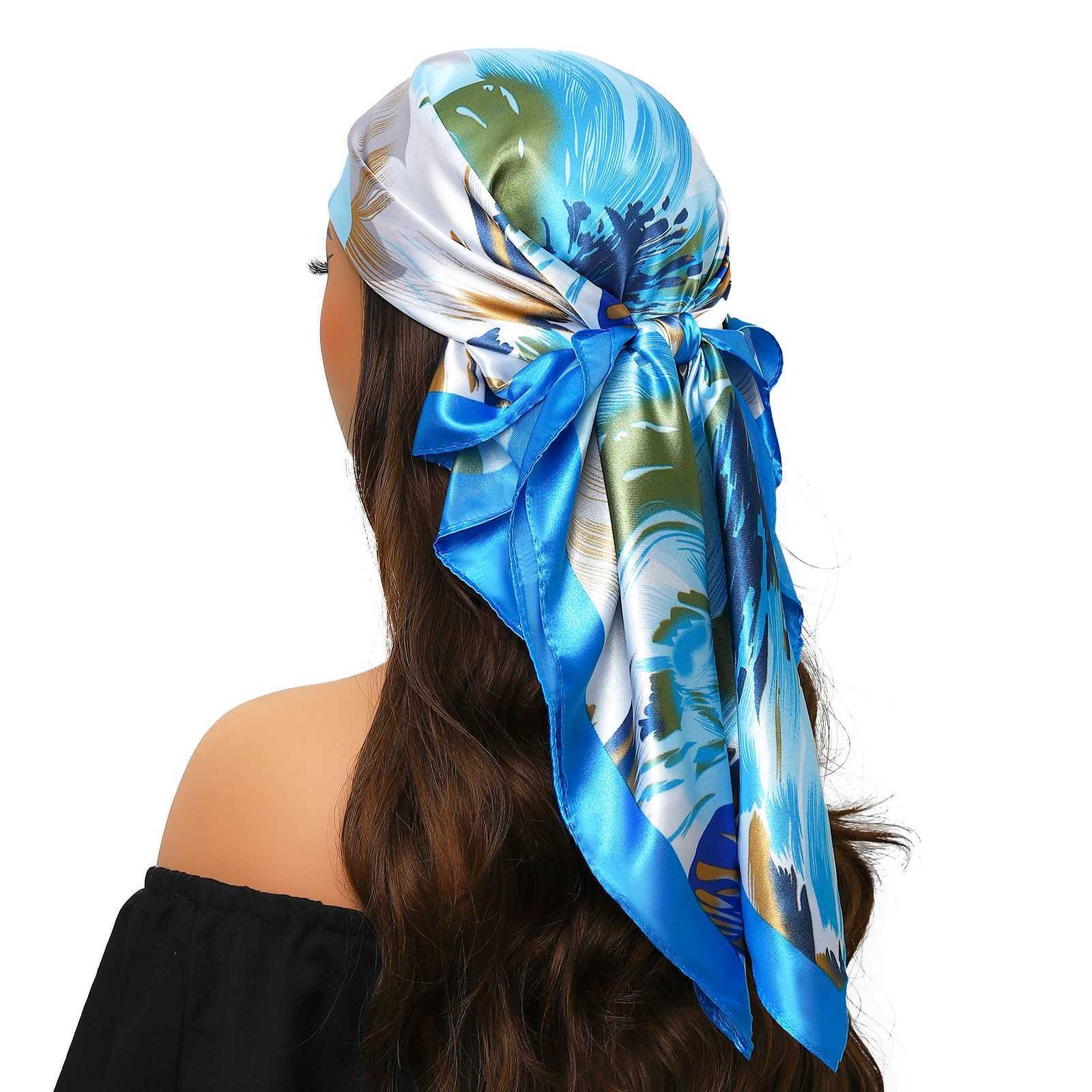 90 * 90cm Square Silk Scarf Wenxiao Printed Satin Headscarf Fem Luxury Brand Square Womens Muffler Cover with Pareo Girl X250324