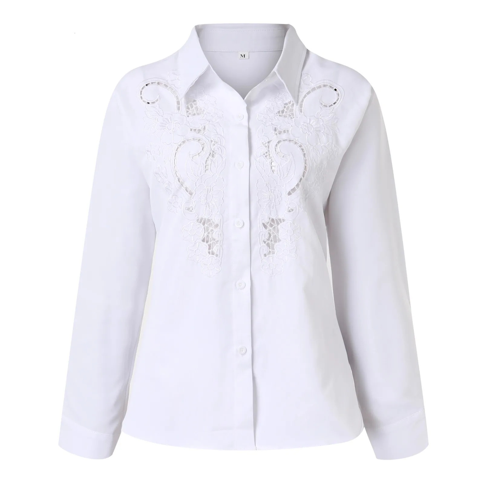 Elegant womens shirt hollow lace white shirt womens autumn long sleeved womens top office womens slim button top 250318