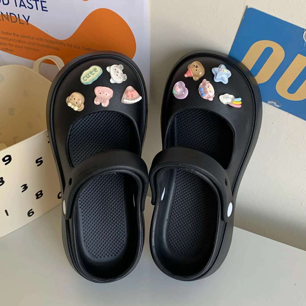 Summer New EVA Thick Mary Jane Perforated Shoes Women Wearing Elevated Soft Sole DIY Solid Color Two Wear Home Slippers