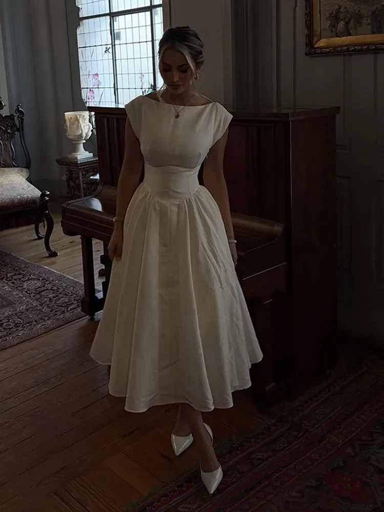 Fashion Backless O-neck A-line Dress For Women Elegant Short Sleeve High Waist Maxi Dresses 2025 Street Vocation Robes 250324