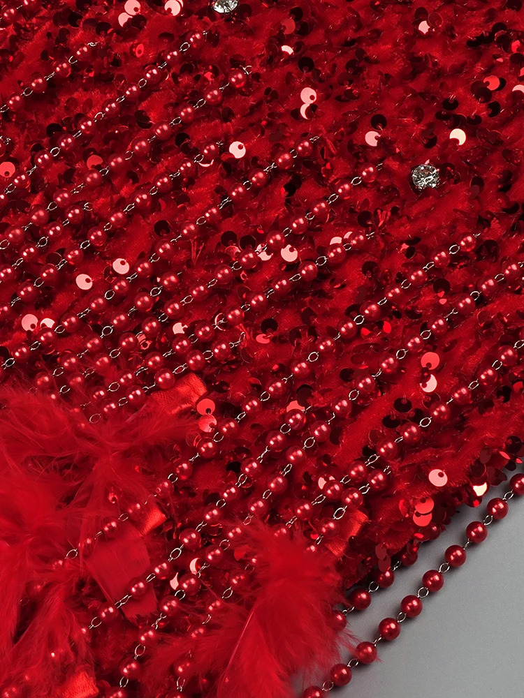 Womens strapless sleeveless Feather Red Sequins Prom mini evening gown for summer fashion 250320