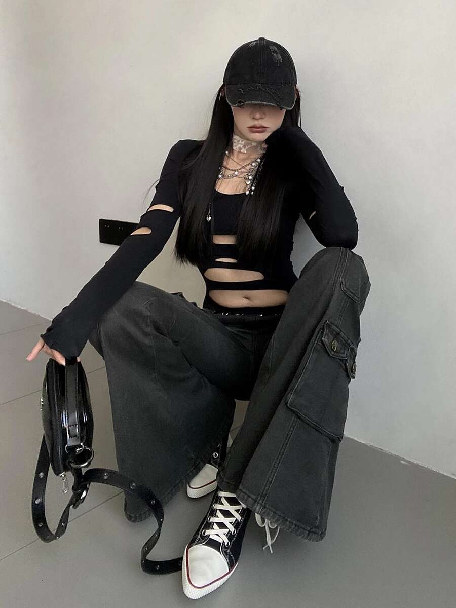Reddachic Acubi Fashion Black Flare Jeans Retro Whiskers Skinny Stretch Low Rise Pockets Cargo Pants Women Grunge Alt Streetwear