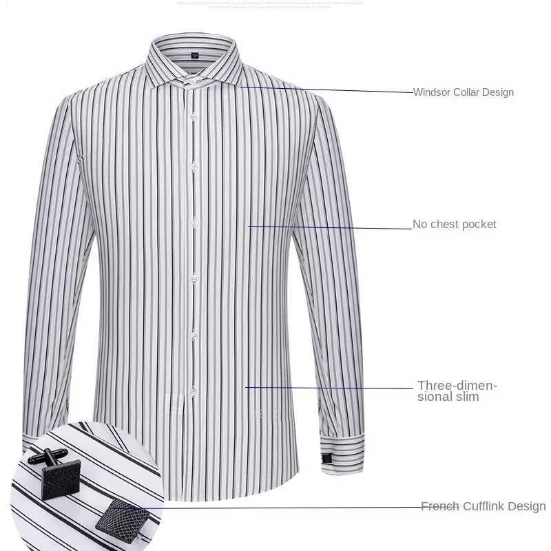 2025 Windsor collar ultra-thin dress new French shirt long sleeved business dress cufflinks striped shirt without pockets X250324