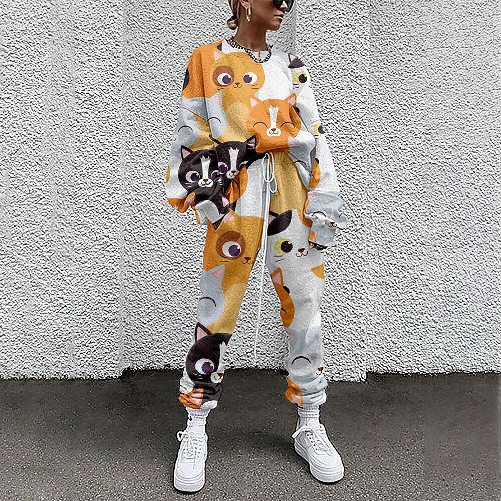 2023 Autumn New Women's 3D Printed Cat Long Sleeve Round Neck Loose Casual Set for Women