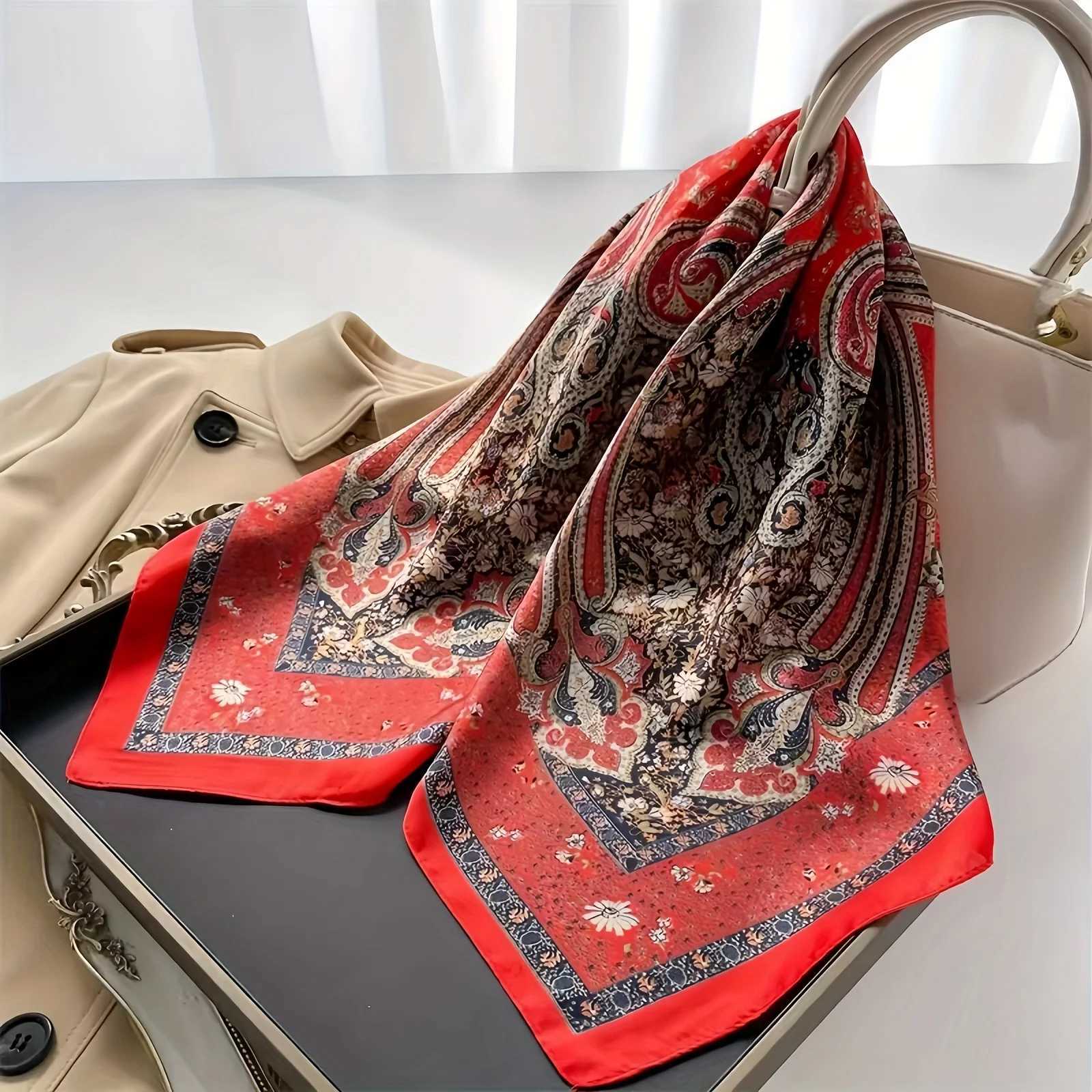 Elegant satin square scarf with vintage Paisley floral pattern and soft silk neck scarf with shawl for womens hair X250324