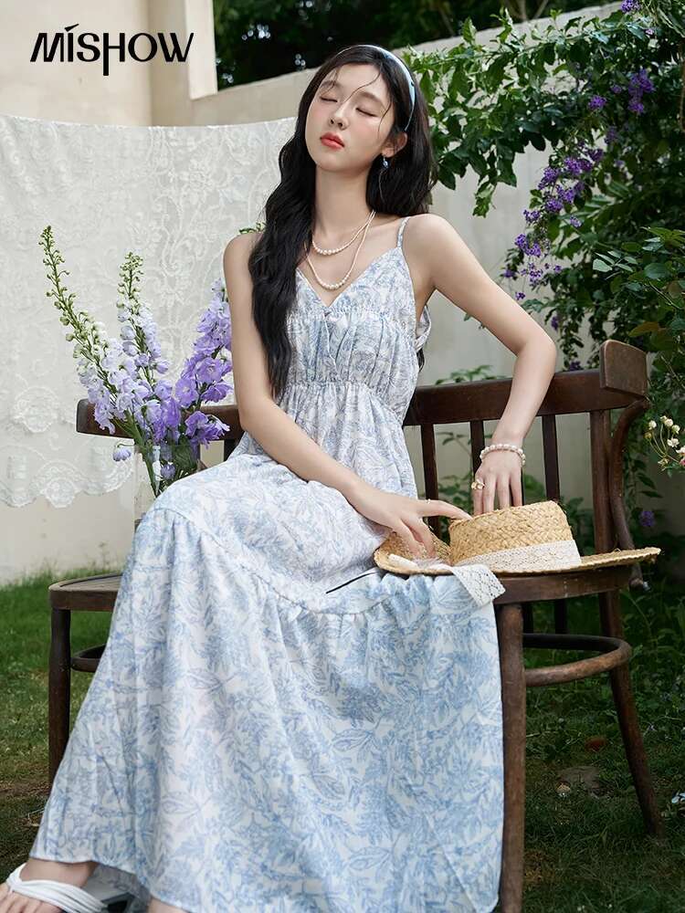 MISHOW V-neck Camisole Summer 2024 French Retro Printing Adjustable Shoulder Straps Back Lace-up Holiday Dress MXD25L1903