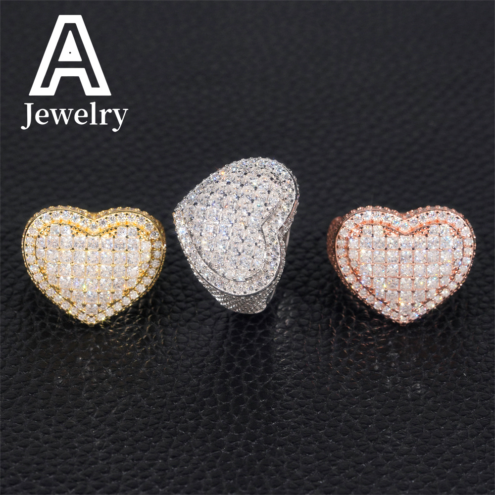 Hip Hop VVS Moissanite Trendy Heart Shape Rings 925 Silver Diamond Engagement Rings For Men Women