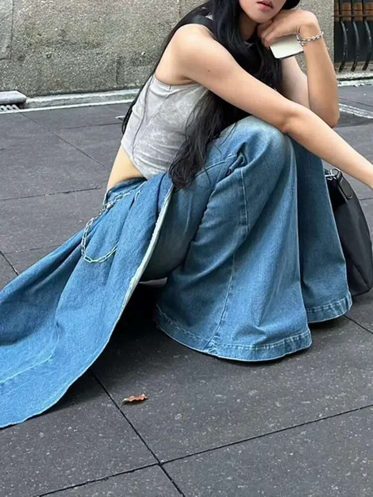 Slightly Fat Spice Girl Design Sense Irregular Splicing Jeans Women 2024 Autumn And Winter New Fake Two-Piece Thin Flared Pants