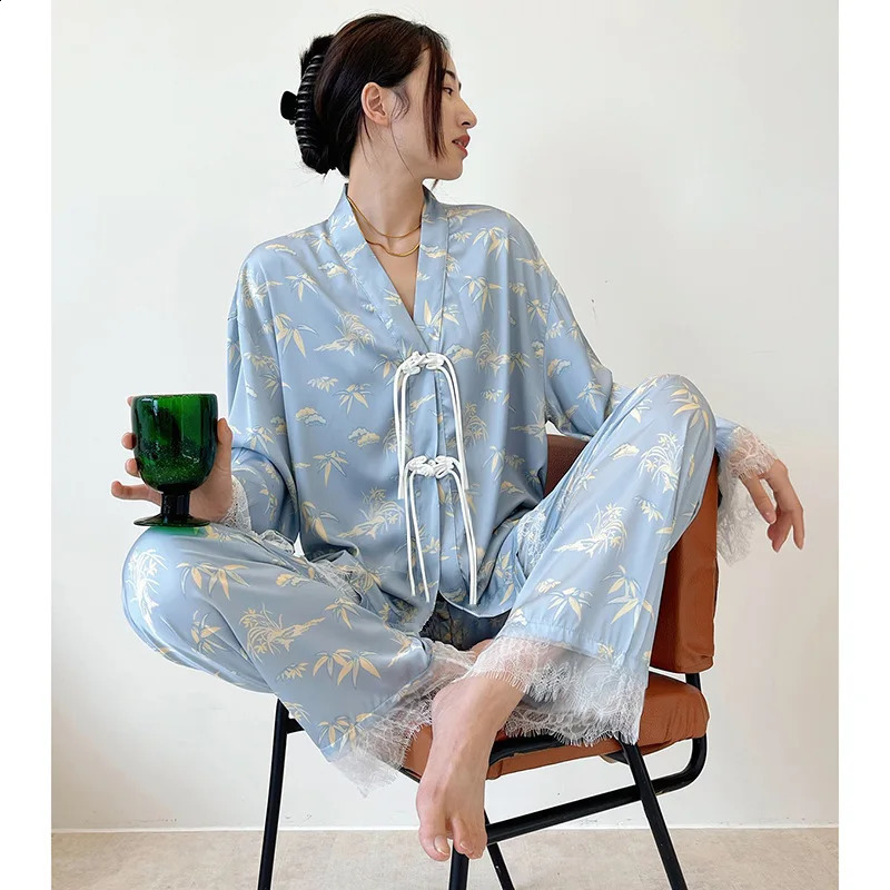 Spring and summer Chinese silk pajamas cool V-neck light blue high-end home lace decoration young womens casual suit set 250321