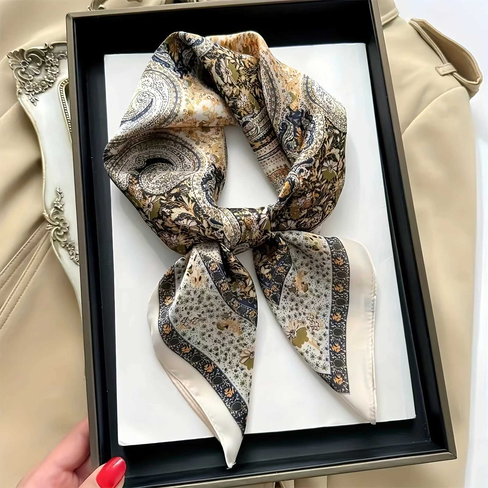 Elegant satin square scarf with vintage Paisley floral pattern and soft silk neck scarf with shawl for womens hair X250324