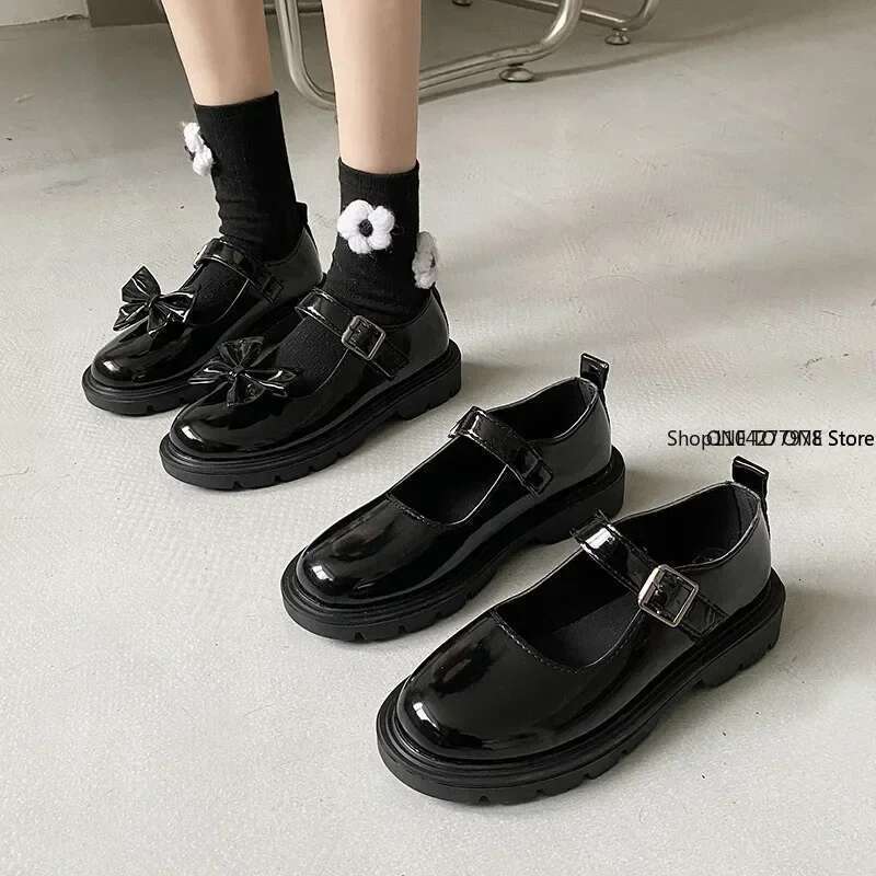 Women Loafers Vintage Round Toe Black Mary Jane Sweet Girls High Heel Platform Lolita Women's Shoes Plush 44