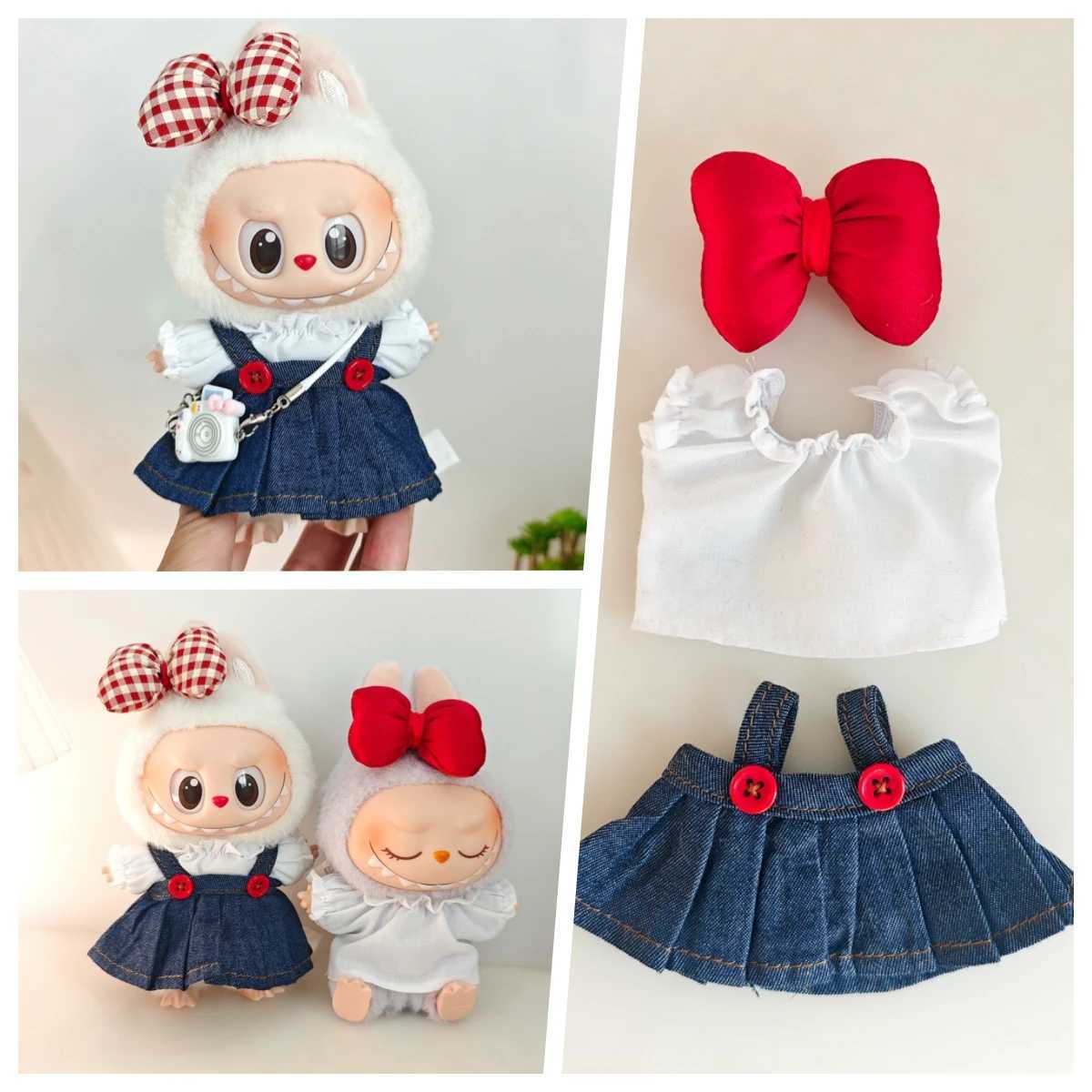 17cm Labubu doll accessory denim skirt with red bow headband setXJ250324