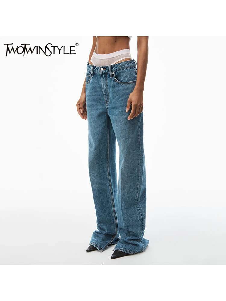 TWOTWINSTYLE Colorblock Street Straight Jeans For Women High Waist Spliced Button Sexy Denim Pants Female Fashion Style New