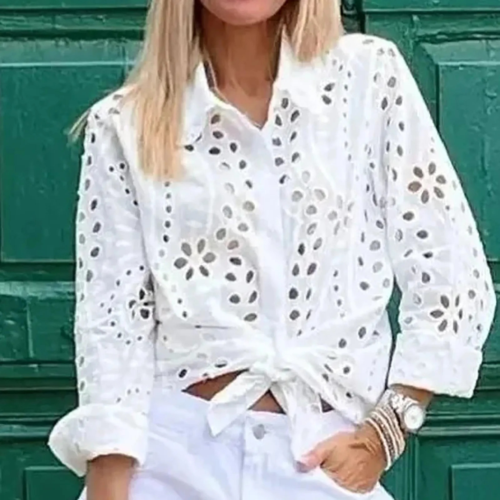 Womens retro hollow lace cardigan elegant lace embroidery solid shirt Cape Town long sleeved retro holiday vest 250318