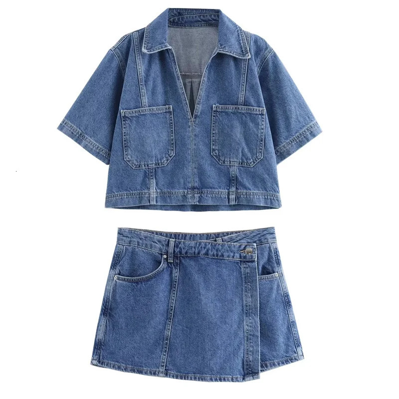 TRAF Asymmetric Mini Skirt and Top Womens High Waist Denim Two Piece Set Street Clothing Short Sleeve Cutting Shirt 250322