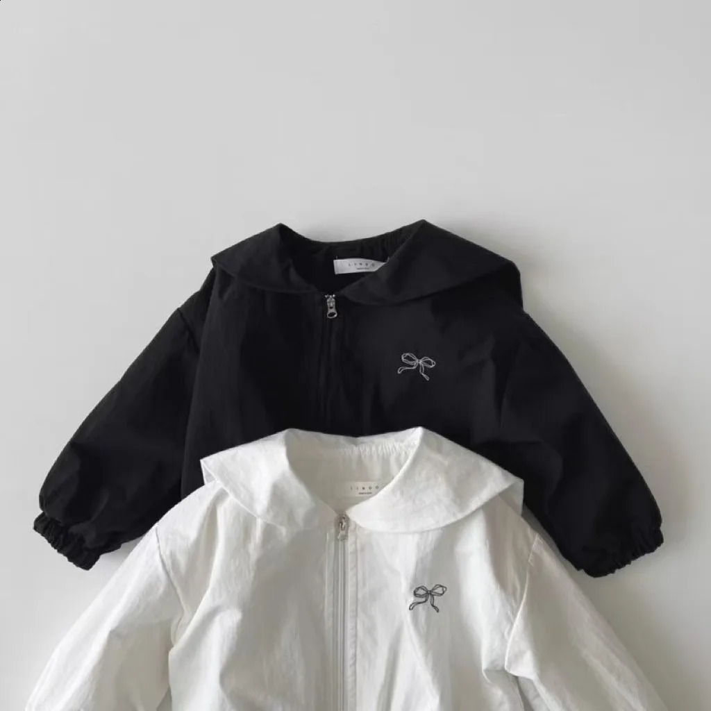 Spring Baby Girl Cute Bow Coat Baby Navy Blue Collar Jacket Childrens Zipper Jacket Fashion Baby Coat Childrens Clothing 250324
